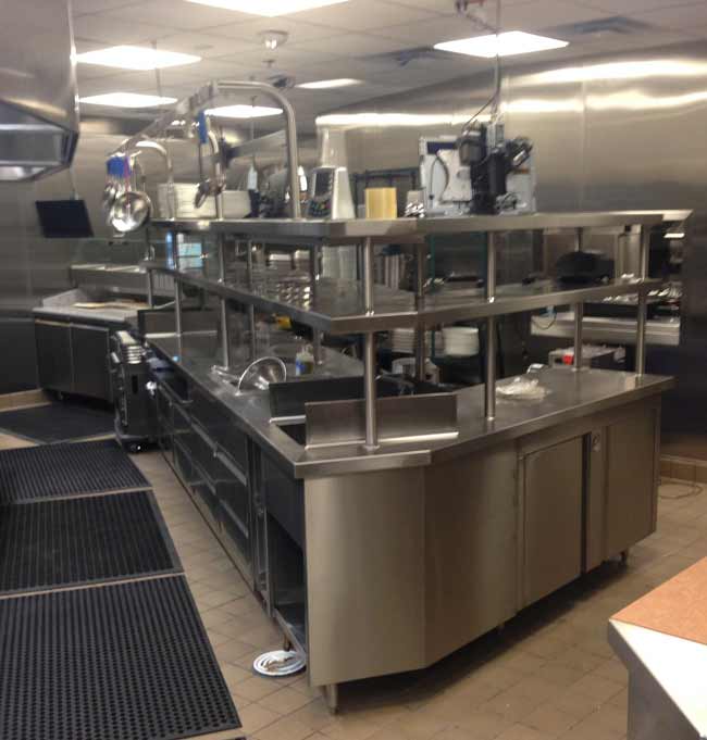 Custom fabricated Stainless Steel chefs counter and double pass shelf